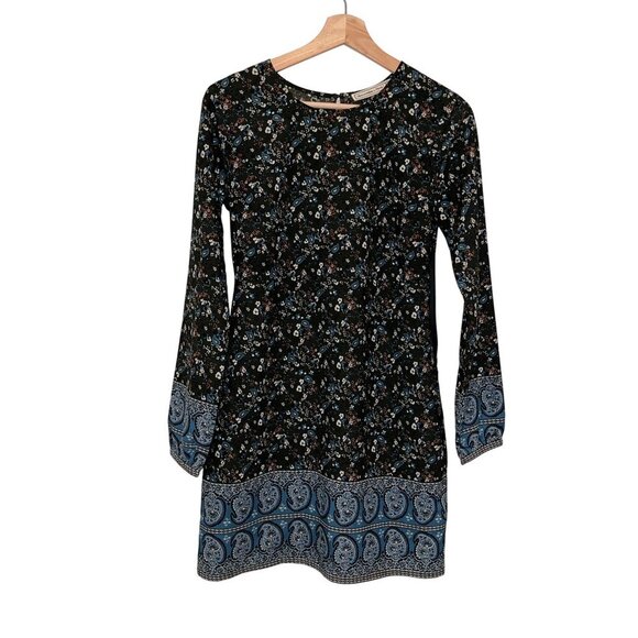 Abercrombie & Fitch Black & Blue Floral Long Sleeve Tunic Border Women's Dress S - Picture 2 of 10